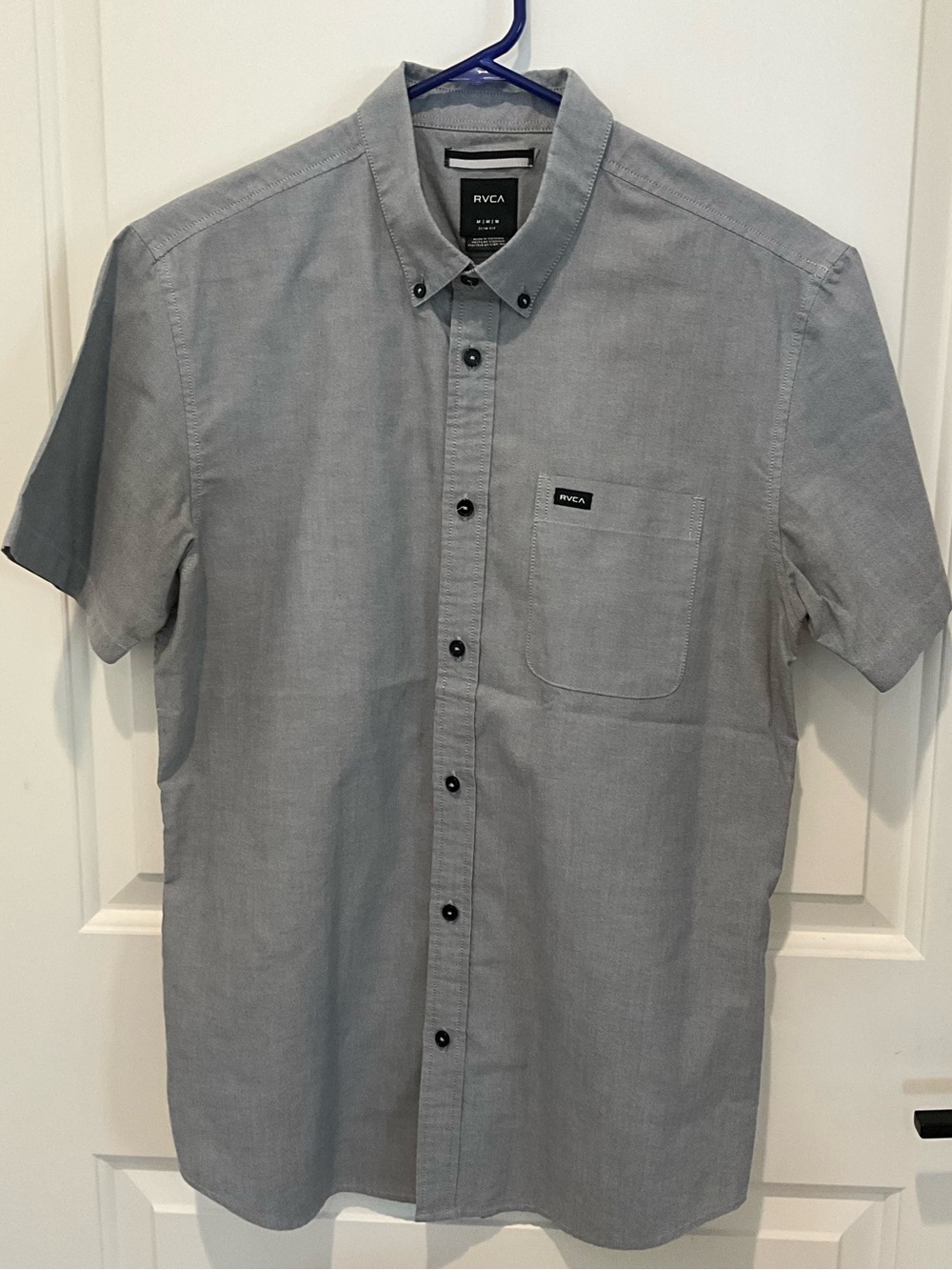 RVCA Gray Slim Fit Button-Down Shirt Men's Medium | Short Sleeve Oxford Casual